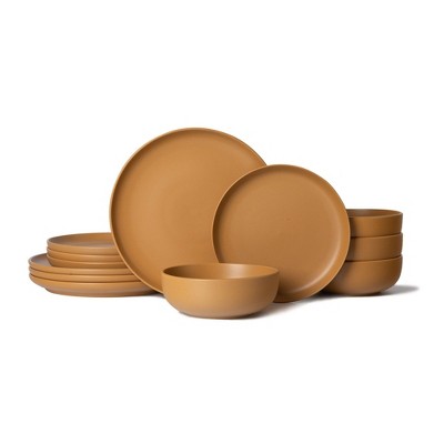 Syemin Dining Bowls 4 Person Stoneware Dinnerware Set Microwave Dishwasher Safe Chip-Resistant Matte Glaze Stackable Storage, Orange, 10"*10"*2.4"
