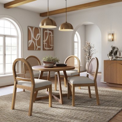 Bailey Cream Boucle and Cane Side Chair Set with Light Brown Wood Frame