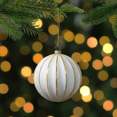 4" White and Gold Striped Glass Christmas Ornament