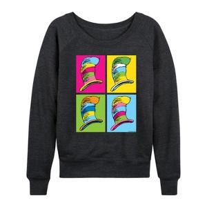 Women's - Dr. Seuss - Cat In the Hat Color Block Hats Lightweight French Terry Wide Neck Long Sleeve Shirt - 1 of 4