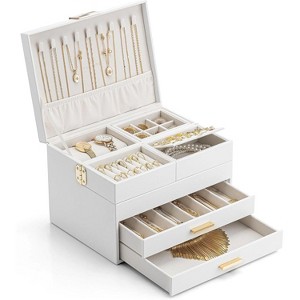 3-Layer Jewelry Box with Retractable Tray and Drawer, Cloud White - 1 of 4