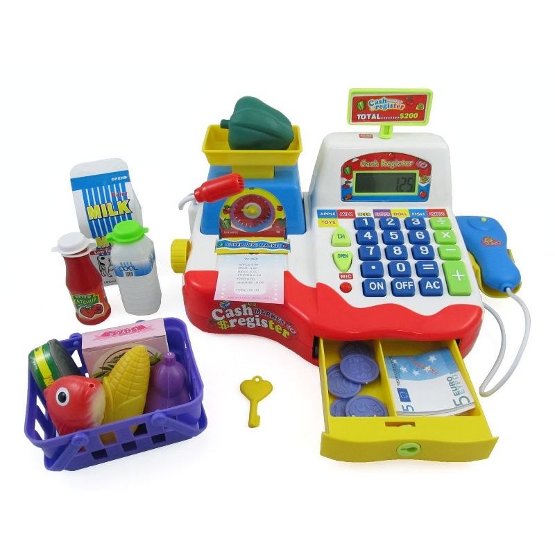 Link Supermarket Cash Register With Checkout Scanner, Weight Scale, Microphone, Calculator, Play Money And Food Shopping Playset For Kids, 1 of 10
