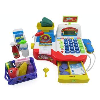 Link Supermarket Cash Register With Checkout Scanner, Weight Scale, Microphone, Calculator, Play Money And Food Shopping Playset For Kids
