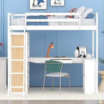 NicBex Twin Size Bunk Bed with Desk Pine Bed Frame with Oleophobic Board, Shelves, Ladder and Full Length Guardrail, No Box Spring Required