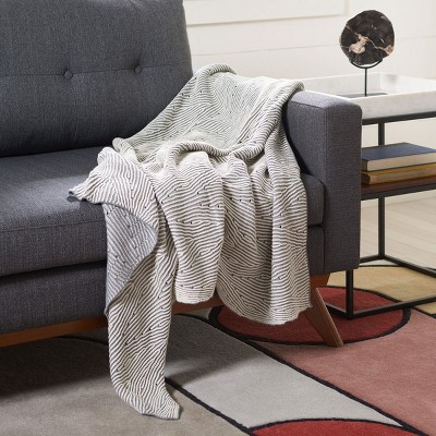 Grey and White Knitted Cotton Chevron Throw Blanket