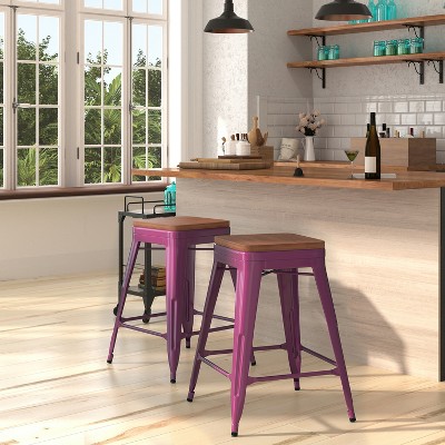 Rustic Purple 24" Backless Metal Dining Stool with Wooden Seat