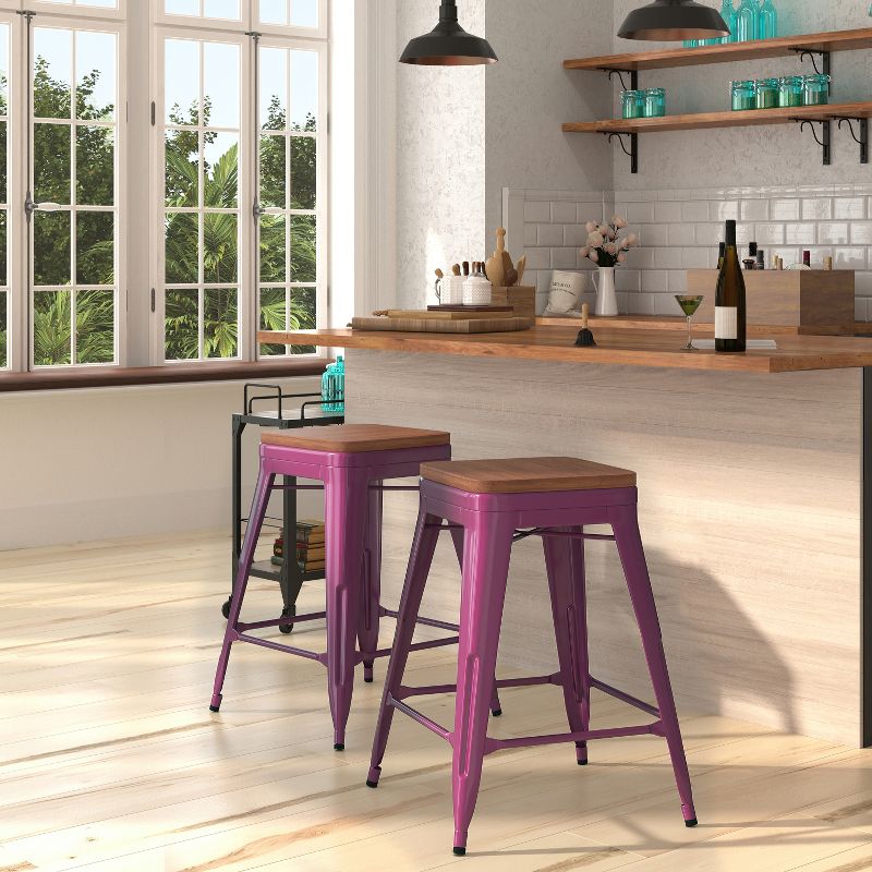 Merrick Lane Backless Metal Dining Stool with Wooden Seat for Indoor Use, 3 of 5