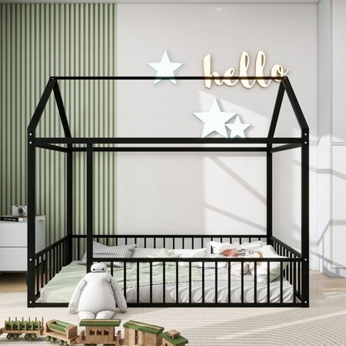 LOVMOR Metal Bed House Bed Frame with Roof and Safety Fence, Strong and Durable - image 1 of 4