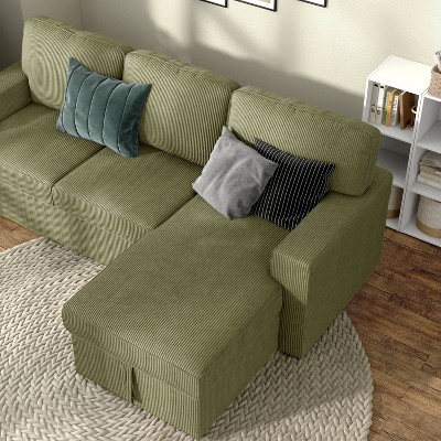 Green Corduroy Fabric Sectional Sofa with Storage Ottoman