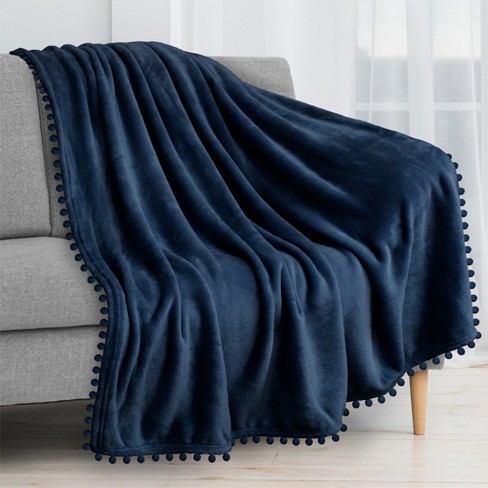 PAVILIA Fleece Pom Pom Blanket Throw for Sofa Bed Soft Lightweight Pompom Fringe Blanket for Couch Navy Blue Throw 50x60