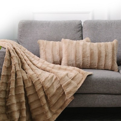 Cheer Collection Luxurious Faux Fur Throw Pillows Set of 2 - Sand (12" x 20")