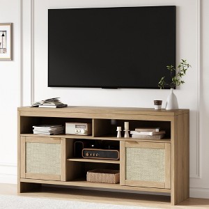 58" Boho Rattan TV Stand Fits TVs Up to 65 Inch, 4 Adjustable Open Shelves & 2 Rattan-Door Cabinets - 1 of 4