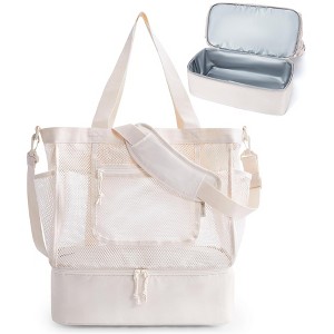 Beach Bag for Women, Mesh Tote Bags with Zipper, Sandproof Vacation Essentials with Cooler for Swim Cruise Pool, Beige - 1 of 4