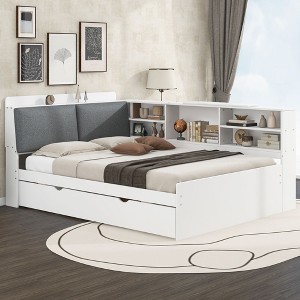 Kumasinova Twin/Full Size Bed Frame with 2 Drawers/Trundle,Wood Twin/Full Bed Frame with Headboard,Platform Bed Frames with Shelves for Teens,Adults - 1 of 4
