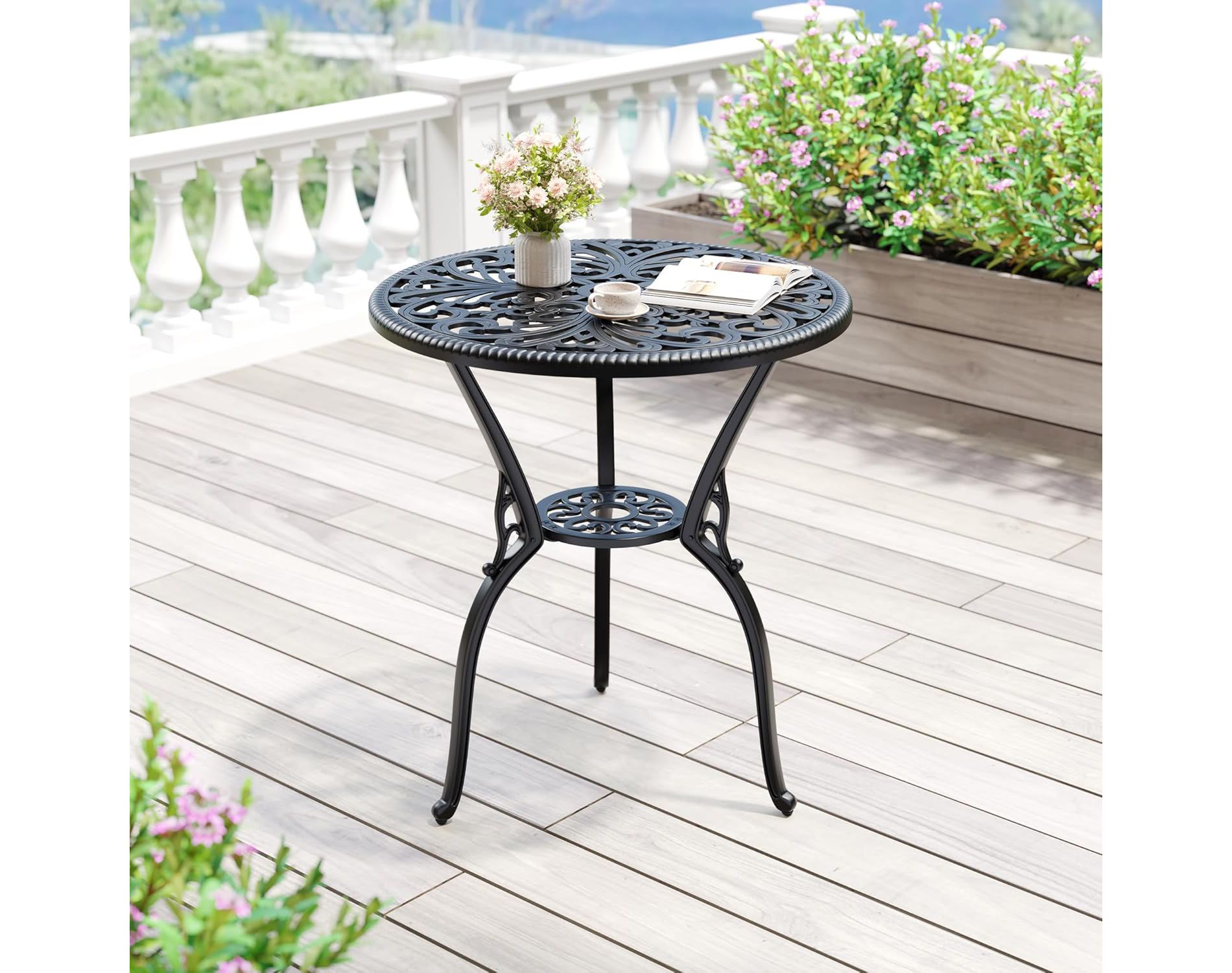 23" Cast Aluminum Patio Bistro Table with Umbrella Hole, Outdoor Round Side Coffee Table, Anti-Rust for Backyard Garden Porch Pool Balcony, Black
