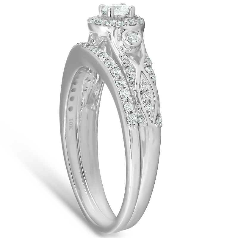 Pompeii3 1/2 Ct Halo Round Diamond Vintage Engagement Wedding Ring Set 10k White Gold, 3 of 5