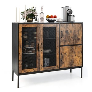 Costway Farmhouse Buffet Sideboard Console Table Cupboard with Metal Mesh Doors & Cabinets - 1 of 4