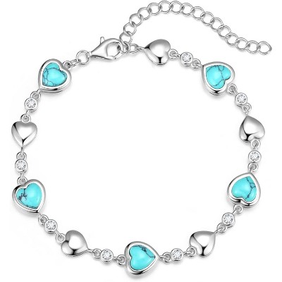 Five Heart Birthstone Tennis Bracelet, 925 Sterling Silver with Adjustable Extender, Anniversary Birthday Gift for Wife
