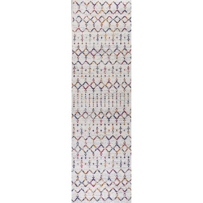 Bohemian Bliss Ivory & Multicolor Diamond Runner Rug, 2x8 ft
