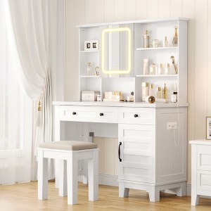 Vanity Desk with Mirror, LED Lights and Charging Station, Farmhouse Makeup Table With 2 Drawers and Cushioned Stool for Bedroom Dressing Room - 1 of 4