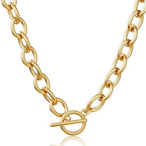 14K Gold Plated Chunky Necklace, Cross Heart Pendant Necklace Layered Herringbone Cuban Link Non Tarnish - 1 of 4