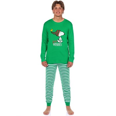 Peanuts Snoopy Christmas Holiday Warm Wishes Tight Fit Cotton Matching Family Pajama Set Green