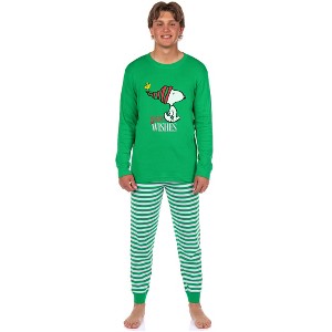 Peanuts Snoopy Christmas Holiday Warm Wishes Tight Fit Cotton Matching Family Pajama Set Green - 1 of 4