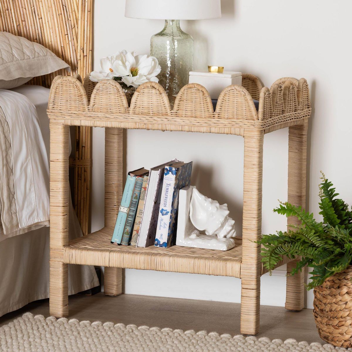 bali & pari Sumana Scallop Side Table: Handcrafted, Mahogany Frame, Open Shelf Storage - thumbnail 2