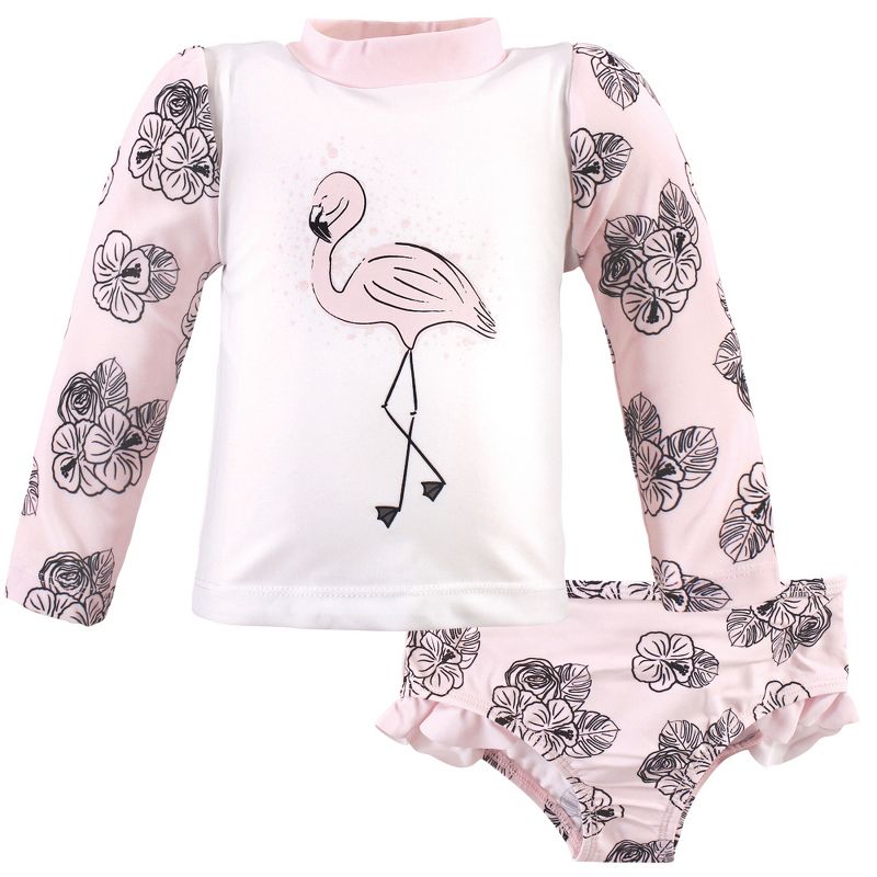 Hudson Baby Infant and Toddler Girl Swim Rashguard Set, Floral Flamingo, 1 of 6