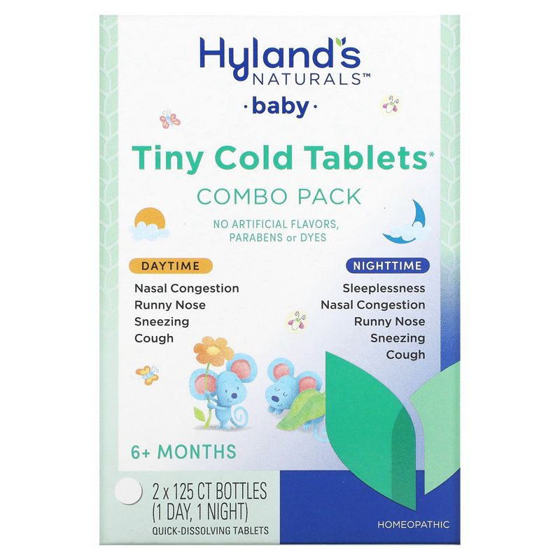 Hyland's Naturals Baby, Tiny Cold Tablets Combo Pack, Daytime/Nighttime, 6+ Months, 2 Bottles, 125 Quick-Dissolving Tablets Each, 1 of 4