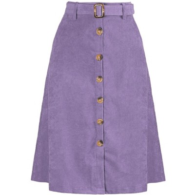 Allegra K Women's High Waist Solid Button Front A-Line Belted Corduroy Midi Skirt