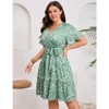 Coolmee Women Plus Size Casual Floral V Neck High Waisted Short Sleeve Wrap Midi Dress With Belt - 4 of 4