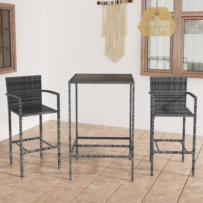 vidaXL - Modern 3-Piece Bar Set for Patio in Gray, Made from Poly Rattan with Armrests and Footrest for Comfort, Easy-to-Clean Tempered Glass Tabletop