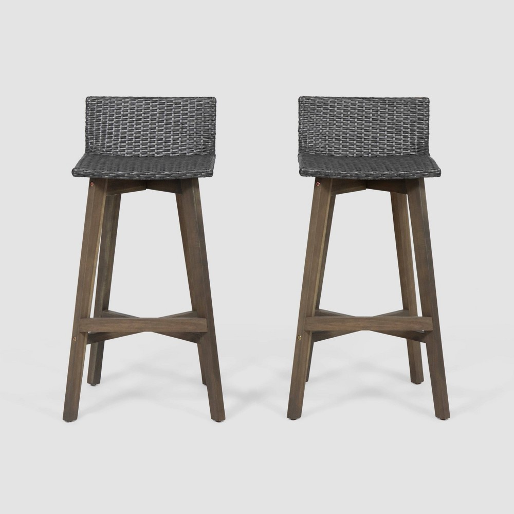 Photos - Garden Furniture 2pk La Brea Acacia Wood & Wicker Patio Barstools Gray - Christopher Knight