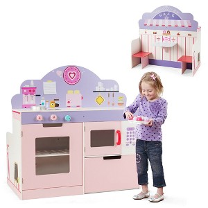 Costway 2 in 1 Kids Play Kitchen & Cafe Restaurant Wooden Pretend Cooking Playset Toy - 1 of 4