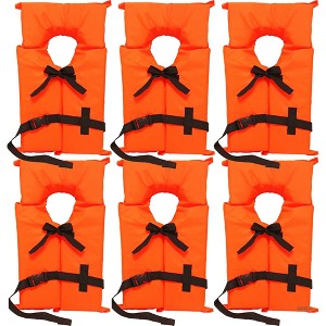 6 Pack Coast Guard approved life jackets for adults. High visibility color Type II keyhole life vest in classic May West style. - 1 of 4