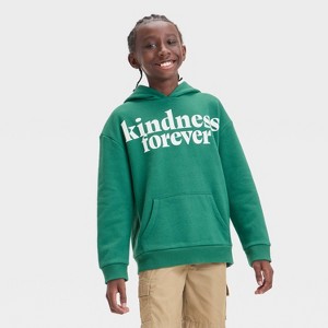 Kids' Fleece 'Kindness Forever' Hoodie Sweatshirt - Cat & Jack™ Pine Green - 1 of 4