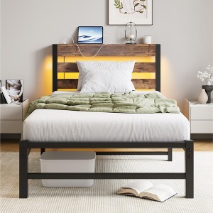 CLIHOME Heavy Duty Platform Bed Frame with Headboard, USB Charging Station, LED Bed Foundation, No Box Spring Needed - 1 of 4