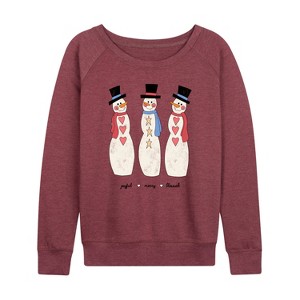 Women's - Instant Message - Joyful Merry Blessed Christmas Snowmen Lightweight French Terry Wide Neck Long Sleeve Graphic Shirt - 1 of 4
