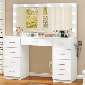 USIKEY Vanity Desk with Large Lighted Mirror and Power Outlet, 46" Makeup Vanity with 9 Drawers and Glass Desktop,12 LED Lights - 1 of 4