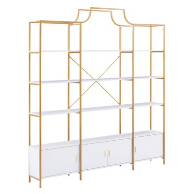 Vynxaria 78-Inch Gold Frame Bookshelf with Storage Cabinet and X Bar Design