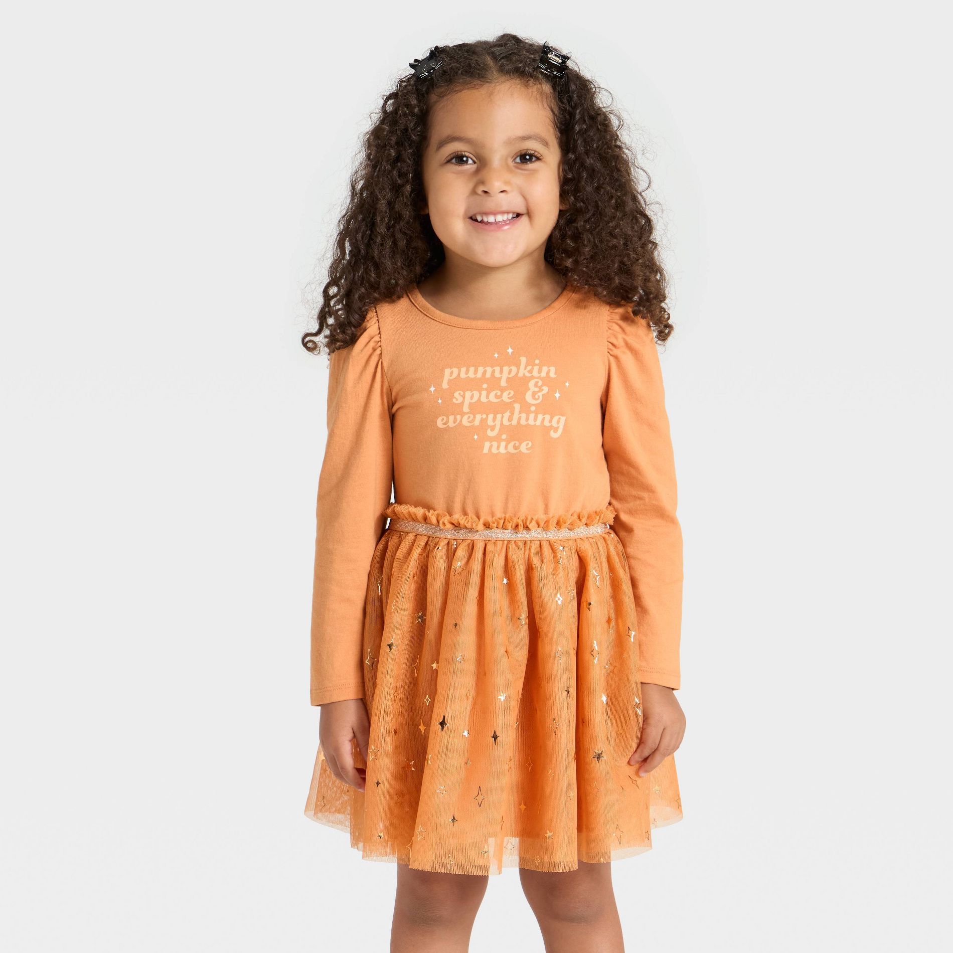 Toddler Girls' Long Sleeve Halloween Pumpkin Spice Tulle Dress - Cat & Jack™ Brown 4T