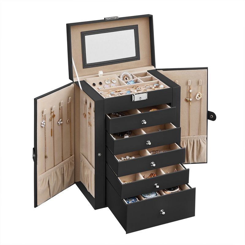 SONGMICS 6 Tier Jewelry Box, Jewelry Case with 5 Drawers, Large Storage Capacity, with Mirror, Lockable, Jewelry Storage Organizer, Black, 2 of 10