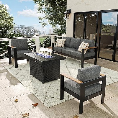 LayinSun 4 Pieces Aluminum Outdoor Patio Furniture Set with Fire Pit Table, Outside Metal Patio Conversation Sets with Deep Seating and Thick Cushions