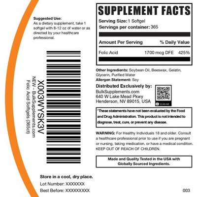 BulkSupplements Folic Acid Softgels