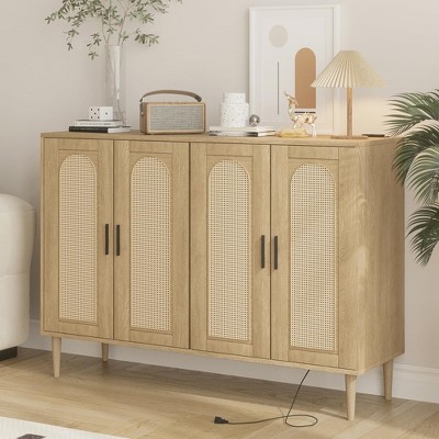 Rattan Sideboard Buffet Cabinet, 4 Doors Accent Storage Cabinet with Power Outlet