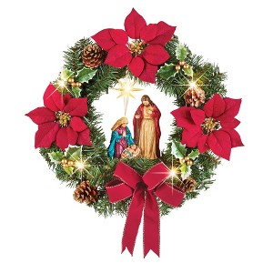 Collections Etc Poinsettia Nativity Scene Lighted Wreath Red - 1 of 3