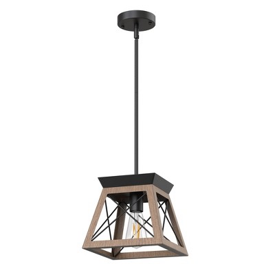 YANSUN 1-Light Vintage Industrial Pendant Light, Dark Wood Grain Finish, Iron Rod Suspension Hanging Ceiling Light No Bulbs Included