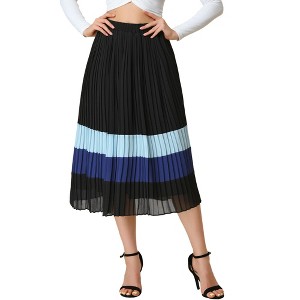 Allegra K Women's Elastic Waist Color Block A-Line Midi Pleated Chiffon Skirt - 1 of 4