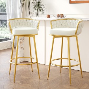 31.5" Metal 180¡ã Swivel Upholstered Counter Stools with Low Back & Hand-Woven Design, Set of 2 for Kitchen and Dining - 1 of 4